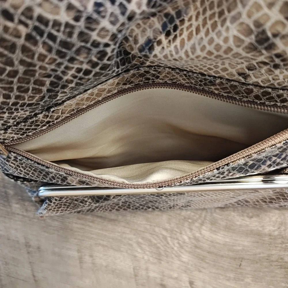 Alfani Foldover Clutch Bag Womens Medium Beige Brown Faux Snakeskin Chain Strap